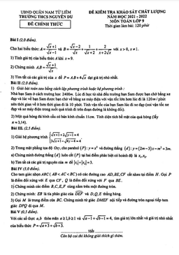 đề khảo sát toán 9 năm 2021 – 2022 trường thcs nguyễn du – hà nội