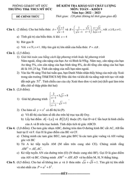 đề khảo sát toán 9 năm 2022 – 2023 trường th & thcs mỹ đức – hà nội