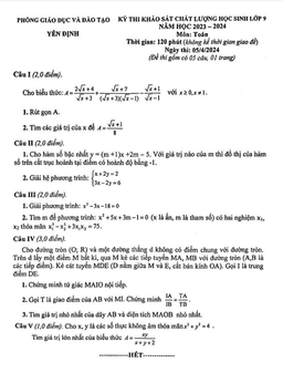 đề khảo sát toán 9 năm 2023 – 2024 phòng gd&đt yên định – thanh hóa