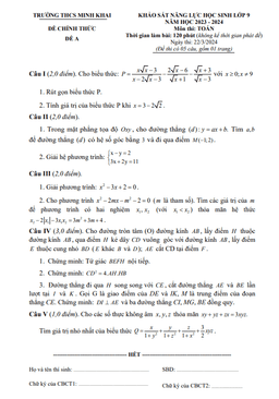 đề khảo sát toán 9 năm 2023 – 2024 trường thcs minh khai – hà nội