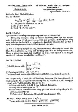 đề khảo sát toán 9 năm học 2019 – 2020 trường thcs lê ngọc hân – hà nội