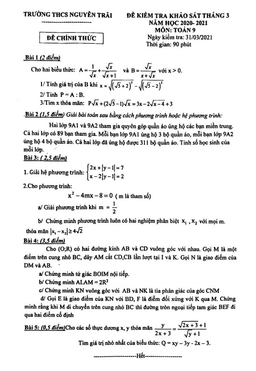 đề khảo sát toán 9 tháng 3 năm 2021 trường thcs nguyễn trãi – hà nội