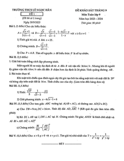 đề khảo sát toán 9 tháng 9 năm 2023 – 2024 trường thcs lê ngọc hân – hà nội