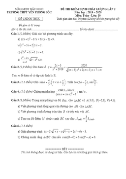 đề kiểm định chất lượng toán 10 lần 2 năm 2019 – 2020 trường thpt yên phong 2 – bắc ninh