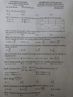 đề kiểm tra 8 tuần hki năm học 2017 – 2018 môn toán 12 trường thpt nguyễn khuyến – nam định