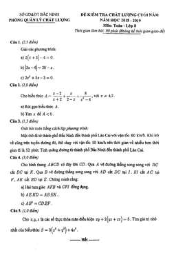 đề kiểm tra chất lượng cuối năm toán 8 năm 2018 – 2019 sở gd&đt bắc ninh