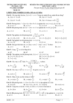 đề kiểm tra chất lượng đầu năm học 2017 – 2018 môn toán 11 trường thpt nguyễn huệ – ninh bình
