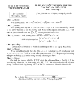 đề kiểm tra chất lượng đội tuyển hsg toán 11 năm học 2016 – 2017 trường lê lợi – thanh hóa lần 1