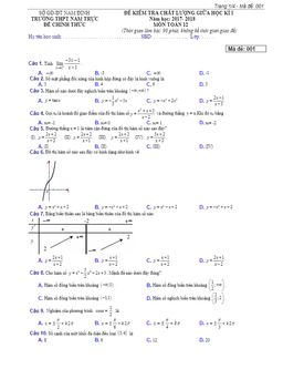 đề kiểm tra chất lượng giữa hk1 năm 2017 – 2018 môn toán 12 trường thpt nam trực – nam định