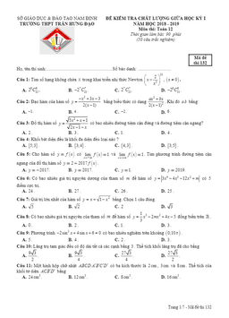 đề kiểm tra chất lượng giữa hk1 toán 12 năm 2018 – 2019 trường trần hưng đạo – nam định