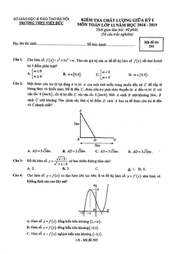 đề kiểm tra chất lượng giữa kỳ 1 toán 12 năm 2018 – 2019 trường việt đức – hà nội