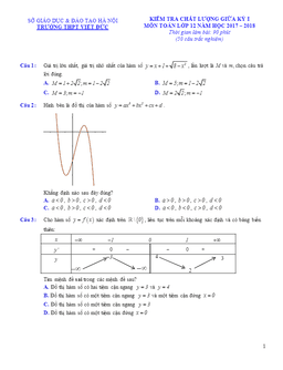 đề kiểm tra chất lượng giữa kỳ i môn toán 12 năm học 2017 – 2018 trường thpt việt đức – hà nội