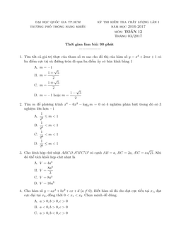 đề kiểm tra chất lượng toán 12 năm học 2016 – 2017 trường phổ thông năng khiếu – tp.hcm lần 1