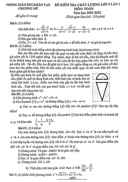 đề kiểm tra chất lượng toán 9 lần 3 năm 2021 – 2022 phòng gd&đt chương mỹ – hà nội
