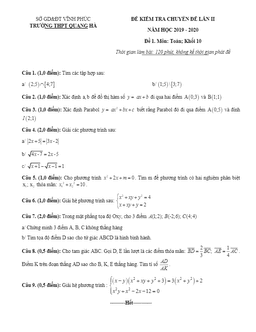 đề kiểm tra chuyên đề toán 10 lần 2 năm 2019 – 2020 trường quang hà – vĩnh phúc