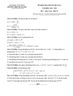 đề kiểm tra chuyên đề toán 11 lần 1 năm 2019 – 2020 trường quang hà – vĩnh phúc