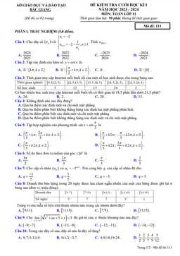 đề kiểm tra cuối học kì 1 toán 11 năm 2023 – 2024 sở gd&đt bắc giang