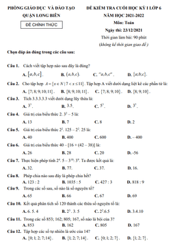 đề kiểm tra cuối học kì 1 toán 6 năm 2021 – 2022 phòng gd&đt long biên – hà nội
