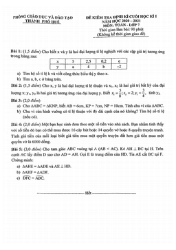 đề kiểm tra cuối học kì 1 toán 7 năm 2020 – 2021 phòng gd&đt thành phố huế