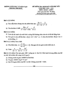 đề kiểm tra cuối học kì 1 toán 8 năm 2020 – 2021 phòng gd&đt thành phố huế