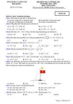 đề kiểm tra cuối học kì 1 toán 8 năm 2023 – 2024 sở gd&đt bắc giang