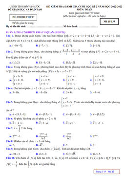 đề kiểm tra cuối học kì 2 toán 12 năm 2022 – 2023 sở gd&đt bình phước