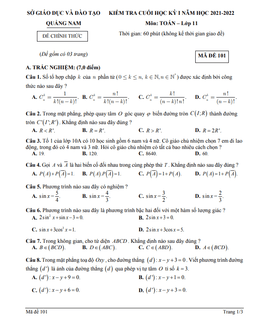 đề kiểm tra cuối học kỳ 1 toán 11 năm 2021 – 2022 sở gd&đt quảng nam