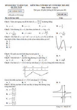 đề kiểm tra cuối học kỳ 1 toán 12 năm 2021 – 2022 sở gd&đt quảng nam
