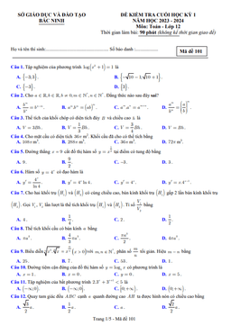 đề kiểm tra cuối học kỳ 1 toán 12 năm 2023 – 2024 sở gd&đt bắc ninh