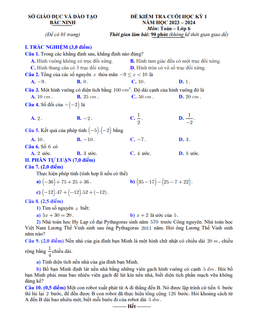 đề kiểm tra cuối học kỳ 1 toán 6 năm 2023 – 2024 sở gd&đt bắc ninh