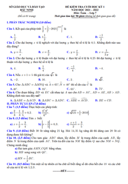 đề kiểm tra cuối học kỳ 1 toán 7 năm 2021 – 2022 sở gd&đt bắc ninh