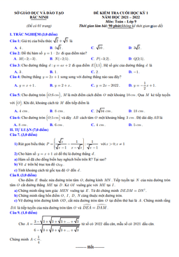 đề kiểm tra cuối học kỳ 1 toán 9 năm 2021 – 2022 sở gd&đt bắc ninh