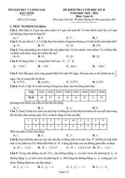 đề kiểm tra cuối học kỳ 2 toán 10 năm 2022 – 2023 sở gd&đt bắc ninh