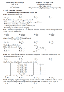 đề kiểm tra cuối học kỳ 2 toán 6 năm 2021 – 2022 sở gd&đt bắc ninh