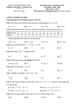 đề kiểm tra cuối học kỳ 2 toán 7 năm 2020 – 2021 phòng gd&đt thành phố bắc ninh