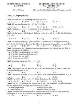 đề kiểm tra cuối học kỳ 2 toán 7 năm 2023 – 2024 sở gd&đt bắc ninh