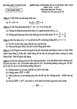 đề kiểm tra cuối học kỳ 2 toán 9 năm 2021 – 2022 sở gd&đt bình dương