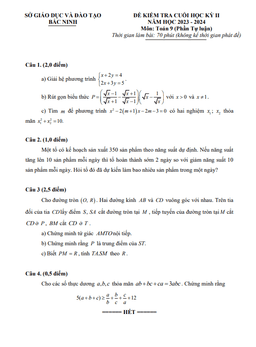 đề kiểm tra cuối học kỳ 2 toán 9 năm 2023 – 2024 sở gd&đt bắc ninh
