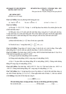 đề kiểm tra cuối kì 1 toán 11 năm 2020 – 2021 trường thpt tân túc – tp hcm
