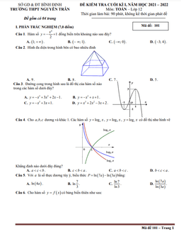 đề kiểm tra cuối kì 1 toán 12 năm 2021 – 2022 trường thpt nguyễn trân – bình định