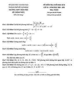 đề kiểm tra cuối kì 2 toán 10 năm 2020 – 2021 trường thpt trần phú – tp hcm