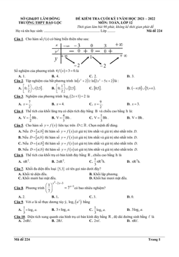 đề kiểm tra cuối kỳ 1 toán 12 năm 2021 – 2022 trường thpt bảo lộc – lâm đồng