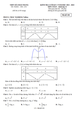 đề kiểm tra cuối kỳ 1 toán 12 năm 2021 – 2022 trường thpt bảo thắng 3 – lào cai