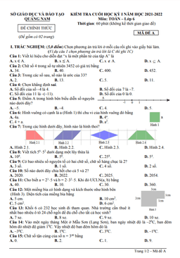 đề kiểm tra cuối kỳ 1 toán 6 năm 2021 – 2022 sở gd&đt quảng nam