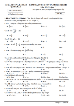 đề kiểm tra cuối kỳ 1 toán 7 năm 2021 – 2022 sở gd&đt quảng nam