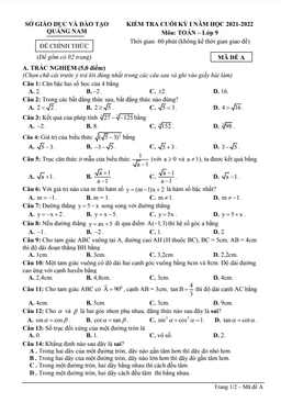 đề kiểm tra cuối kỳ 1 toán 9 năm 2021 – 2022 sở gd&đt quảng nam