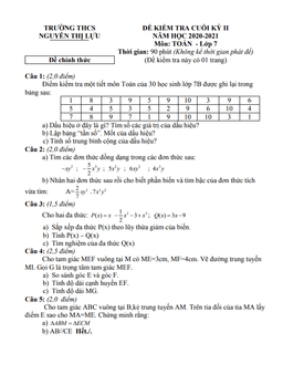 đề kiểm tra cuối kỳ 2 toán 7 năm 2020 – 2021 trường thcs nguyễn thị lựu – đồng tháp