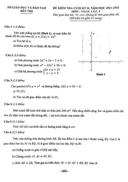 đề kiểm tra cuối kỳ 2 toán 9 năm 2021 – 2022 sở gd&đt bến tre