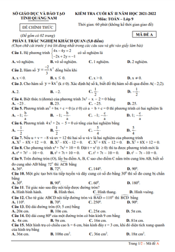 đề kiểm tra cuối kỳ 2 toán 9 năm 2021 – 2022 sở gd&đt quảng nam