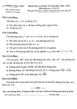đề kiểm tra cuối kỳ 2 toán 9 năm học 2021 – 2022 sở gdkhcn bạc liêu